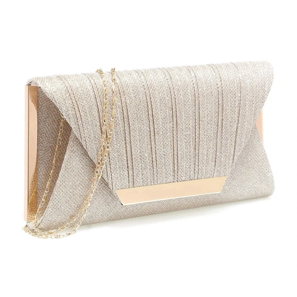 Evening Blingy Clutch Champagne Gold Pleated Glitter Mesh | Chain for Shoulder